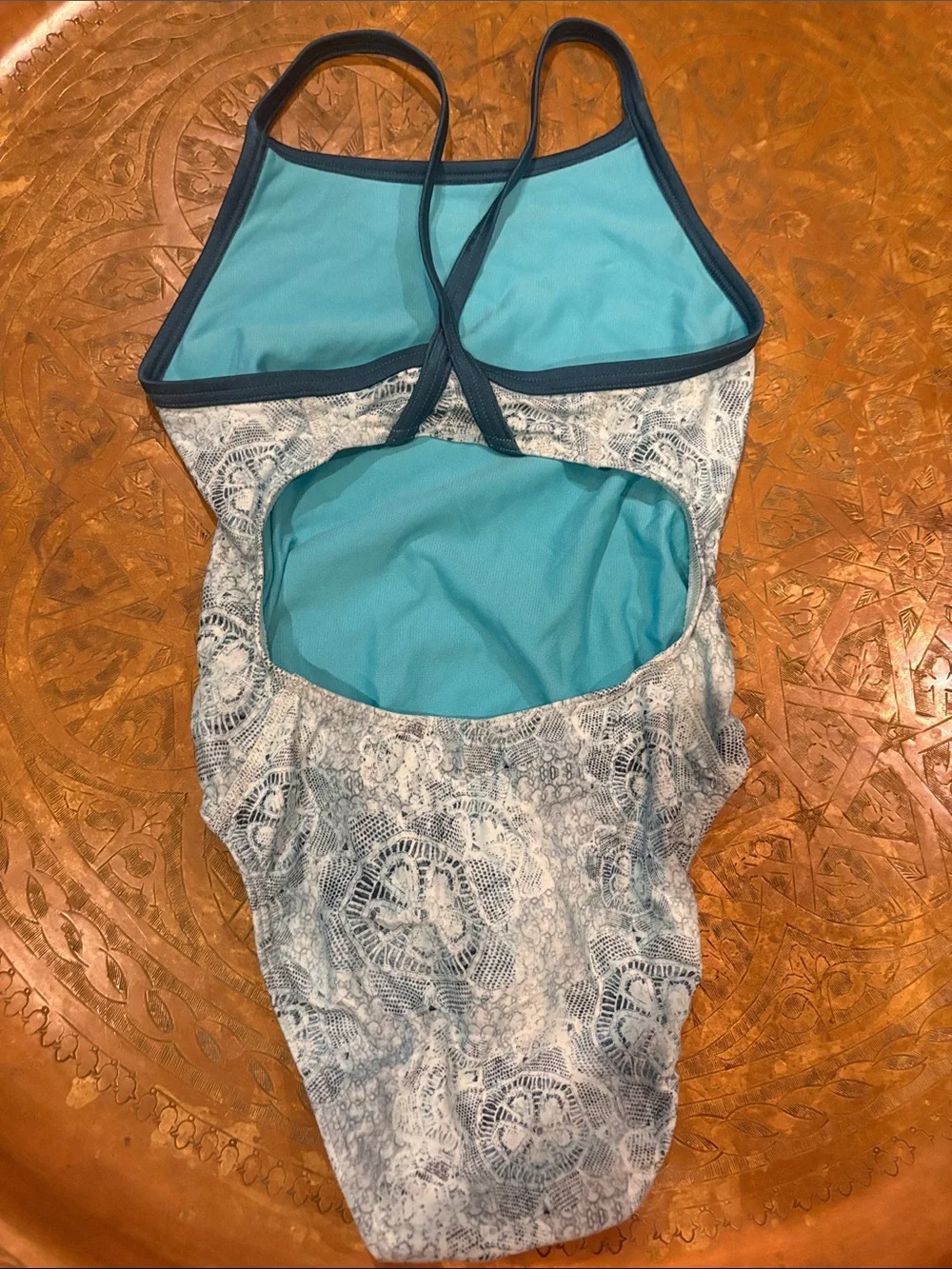 Girls Blue Lace-Print One-Piece Swimsuit with Contrast Trim